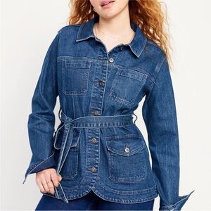 Old Navy blue jean tie waist utility jacket with four front pockets button close